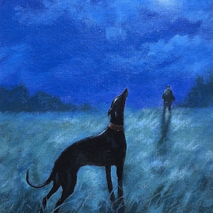 Black dog blue moon.., Giclee print, greyhound, greyhound art, whippet, Original painting Steve Sanderson, art print
