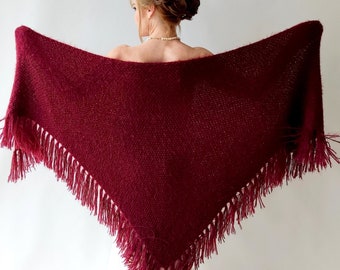 Maroon shawl, burgundy evening wrap, wine bridal cover up, fall winter wedding, bridesmaid gift, triangular, fringed, warm, mohair, fuzzy