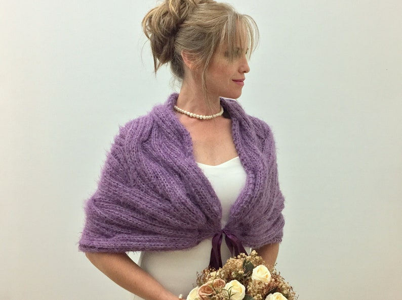 Wedding Shawl, Bridal Wrap, Purple Cape, Violet Bridesmaid Gift, Mohair Bride Bolero, Fuzzy Cover Up, Knit, Winter wedding, Fast Shipping image 2