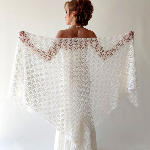 Ivory wedding shawl, bridal evening wrap,cream bride scarf, lace bridesmaid gift, crochet shrug, warm mohair capelet,spring stole,triangular