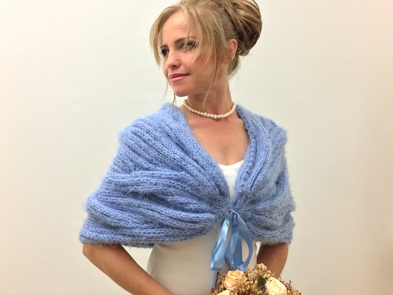 Wedding Shawl, Bridal Wrap, Blue Cape, Bridesmaid Gift, Mohair Bride Bolero, Fuzzy Cover Up, Knitted, Winter wedding, Fast Shipping, image 1