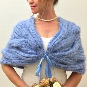 Wedding Shawl, Bridal Wrap, Blue Cape, Bridesmaid Gift, Mohair Bride Bolero, Fuzzy Cover Up, Knitted, Winter wedding, Fast Shipping, image 4