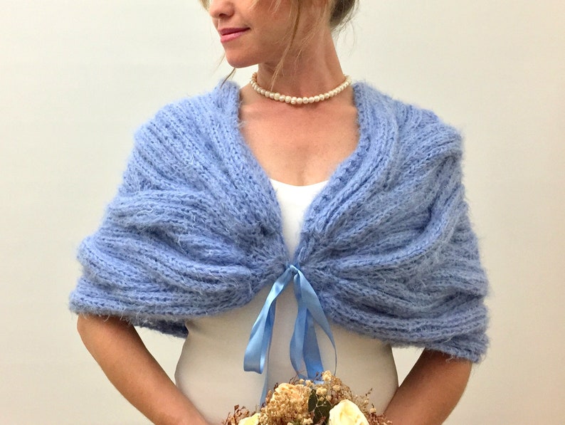 Wedding Shawl, Bridal Wrap, Blue Cape, Bridesmaid Gift, Mohair Bride Bolero, Fuzzy Cover Up, Knitted, Winter wedding, Fast Shipping, image 4