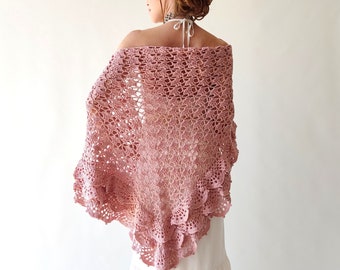 Dusty rose shawl, blush lace wrap, pale pink scarf, bridal wedding shawl, cotton evening scarf, gift for her, ruffled boho cover up, summer
