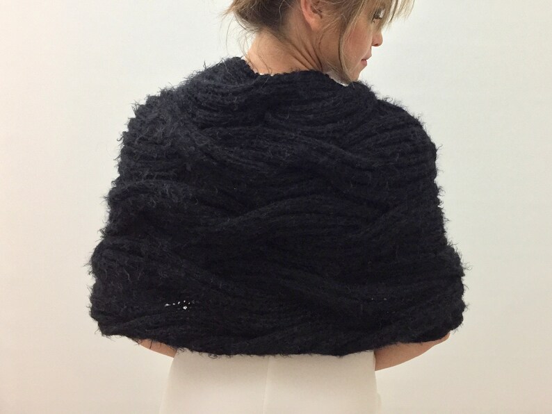 Wedding Shawl, Bridal Wrap, Black Bridesmaid Gift, Evening Stole, Knit Scarf, Mohair Cover up, Winter Shrug, Fuzzy Bolero, Fast Shipping image 7