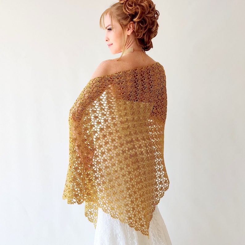 Gold glitter shawl, sparkly evening wrap, shiny cover up, bridal wedding shawl, mother of bride, gift for her, lacy triangular scarf image 5