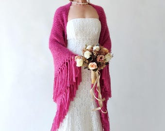 Fuchsia Triangular Fall Winter Wedding Shawl, Hot Pink Bridal Wrap, Bright Pink Fringed Scarf