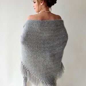 Gray winter wrap, Wedding shawl, bridal cover up, silver bridesmaid gift, fringed wool wrap, mohair evening stole, triangular shawl, warm image 8