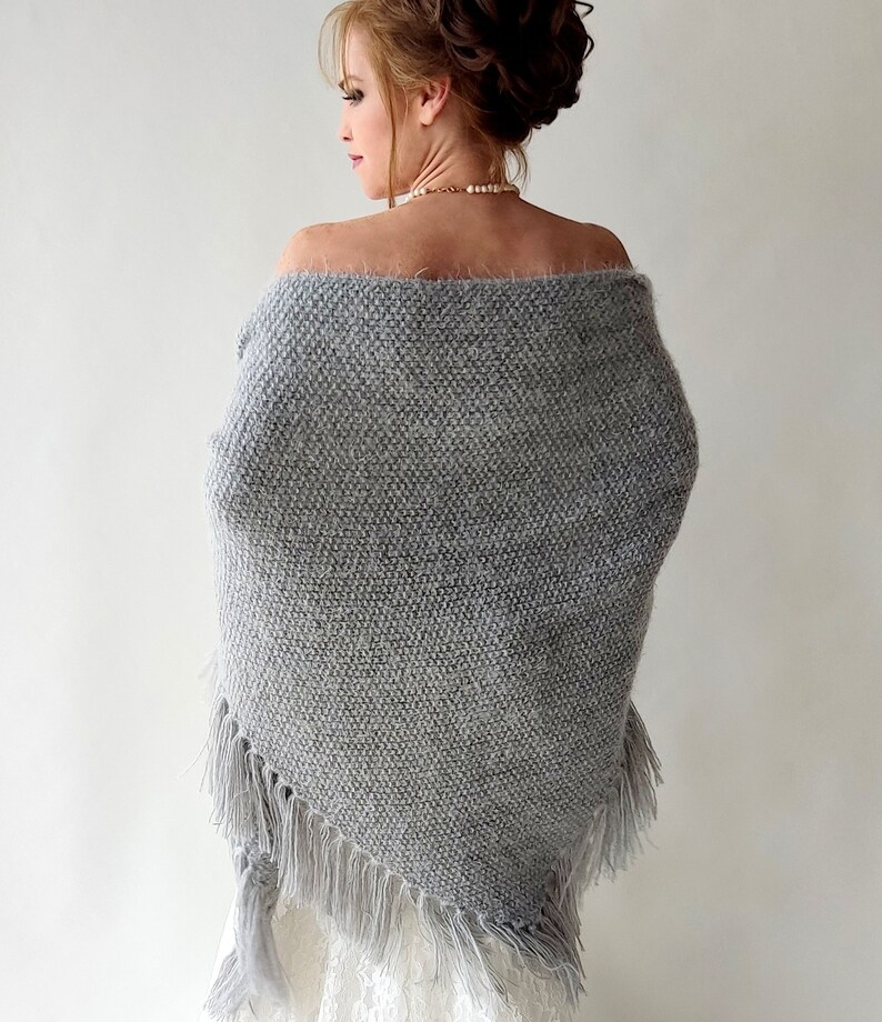 Gray winter wrap, Wedding shawl, bridal cover up, silver bridesmaid gift, fringed wool wrap, mohair evening stole, triangular shawl, warm image 8