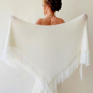 Ivory Wedding shawl, bridal cover up, cream bridesmaid gift, fringed wool wrap, mohair evening stole, triangular shawl, fall winter shawl