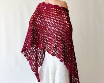 Burgundy bridal shawl, maroon evening stole, wine wedding wrap, mother of the bride wrap, lacy bridesmaid gift, crochet lace scarf,wine cape