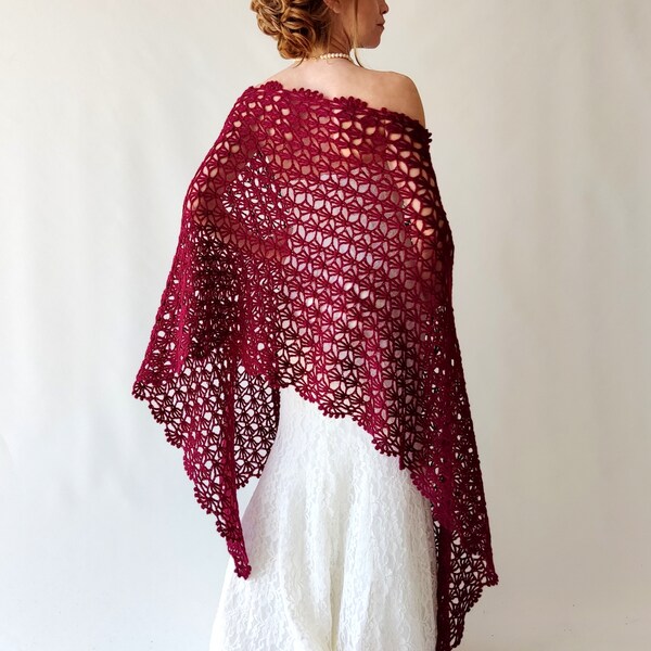 Burgundy bridal shawl, maroon evening stole, wine wedding wrap, mother of the bride wrap, lacy bridesmaid gift, crochet lace scarf,wine cape