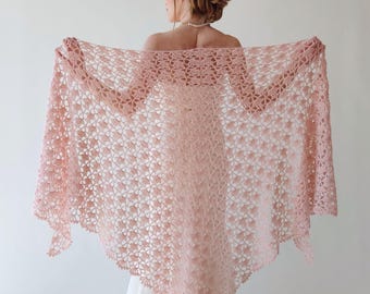 Dusty rose shawl, blush wedding wrap, pale pink cover up, bridal mohair scarf, lace evening shawl, fall winter wedding, triangular shrug