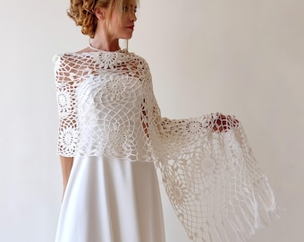 Bone cotton shawl, cream evening stole, bridal wedding wrap, gift for her, fringed summer shawl, crochet rectangle cover up, handmade wrap