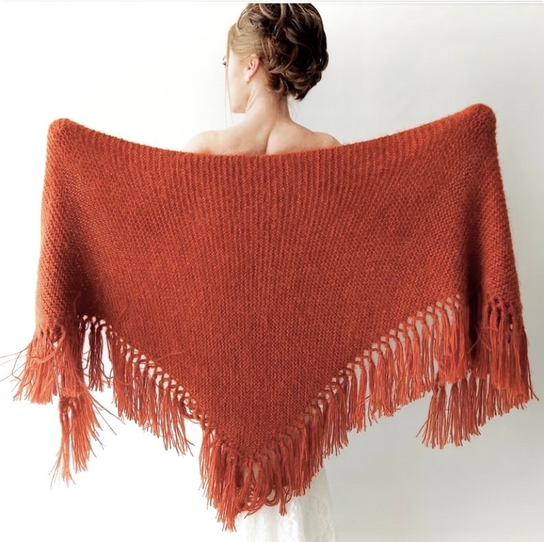 Burnt orange shawl, cinnamon wrap, rust scarf, mohair wool wrap, bridal cover up, fall winter wedding, bridesmaid gift, boho, fringed image 2