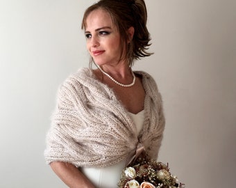 Hand Knitted Mohair Bridal Wrap, Light Beige Wedding Shawl