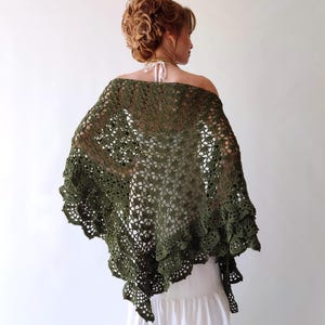 Green cotton shawl, khaki evening scarf, boho wedding wrap, summer cover up, gift for her, lacy bridal shawl, handmade, crochet summer wrap