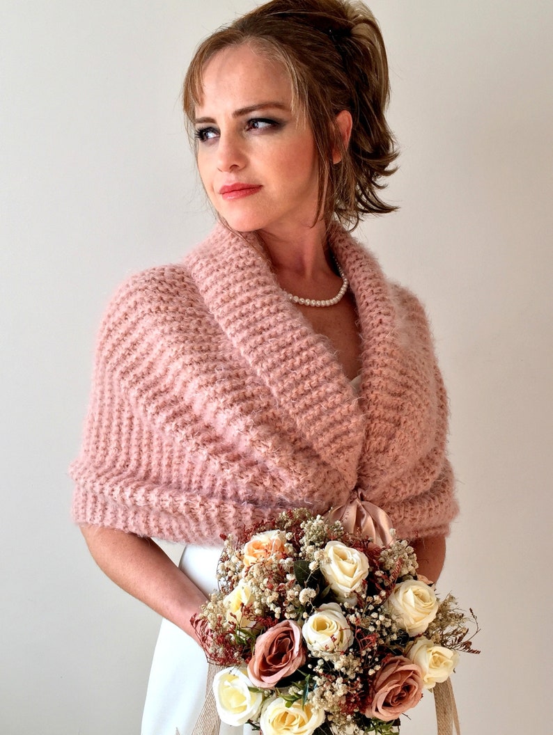 Bridal rose wrap, dusy pink shawl, blush cover up, shawl and wraps, bridesmaid shrug romantic wedding, fall winter, handmade knit shawl image 5