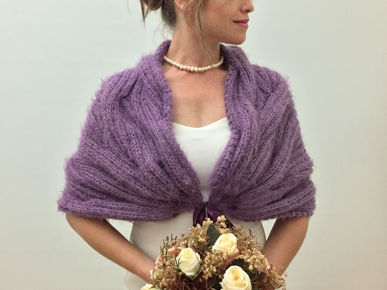 Wedding Shawl, Bridal Wrap, Purple Cape, Violet Bridesmaid Gift, Mohair Bride Bolero, Fuzzy Cover Up, Knit, Winter wedding, Fast Shipping image 4