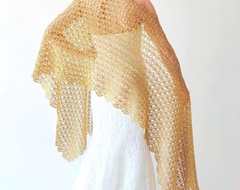 Gold Metallic Crochet Shawl: Sparkly Bridal Cover Up