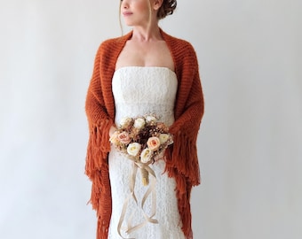 Burnt Orange Mohair Wedding Shawl, Cinnamon Bridal Fringed Boho Wrap, Rust Evening Scarf