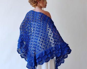 Cobalt Blue Crochet Cotton Shawl, Ruffled Fringed Cover Up