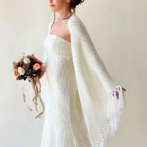 Ivory Wedding shawl, bridal cover up, cream bridesmaid gift, fringed wool wrap, mohair evening stole, triangular shawl, fall winter shawl image 4