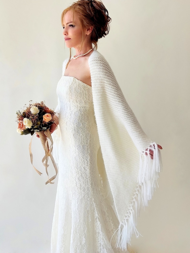 Ivory Wedding shawl, bridal cover up, cream bridesmaid gift, fringed wool wrap, mohair evening stole, triangular shawl, fall winter shawl image 4