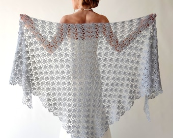Silver glitter shawl, sparkly evening wrap, shiny cover up, bridal wedding shawl, mother of bride, gift for her, lacy triangular scarf