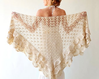 Bone cotton shawl, cream evening scarf, bridal wedding wrap, gift for her, ruffled summer shawl, crochet triangular cover up, handmade wrap