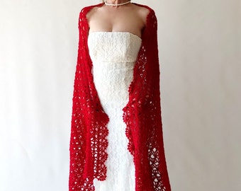 Red shawl, mohair evening stole, bridal wedding shawl, mother of the bride wrap, lacy bridesmaid gift, crochet lace scarf, handmade shrug