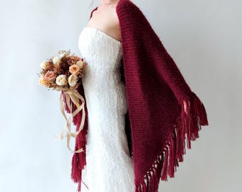 Burgundy Triangular Fall Winter Wedding Shawl, Maroon Bridal CoverUp, Fringed Evening Wrap, Red Wine Evening Scarf