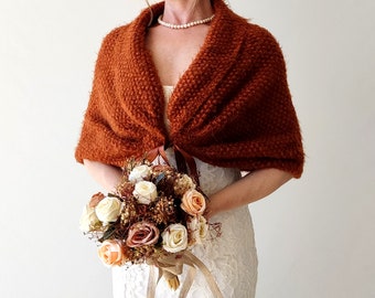 Burnt orange winter wedding shawl, cinnamon bridal cape, rust bride cover up, Rust Wedding shawl, burnt orange wrap, terracotta wedding wrap