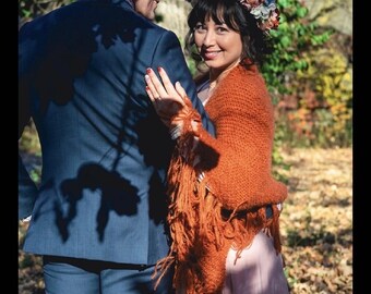 Handmade Mohair Blend Shawl: Burnt Orange Fringed Wrap