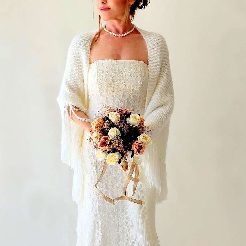 Ivory Wedding shawl, bridal cover up, cream bridesmaid gift, fringed wool wrap, mohair evening stole, triangular shawl, fall winter shawl image 2