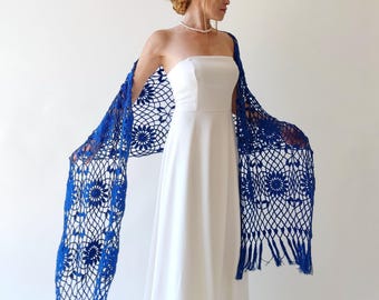 Handmade Crochet Cotton Wedding Shawl, Cobalt Blue Fringed Stole