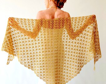 Gold glitter shawl, sparkly evening wrap, shiny cover up, bridal wedding shawl, mother of bride, gift for her, lacy triangular scarf