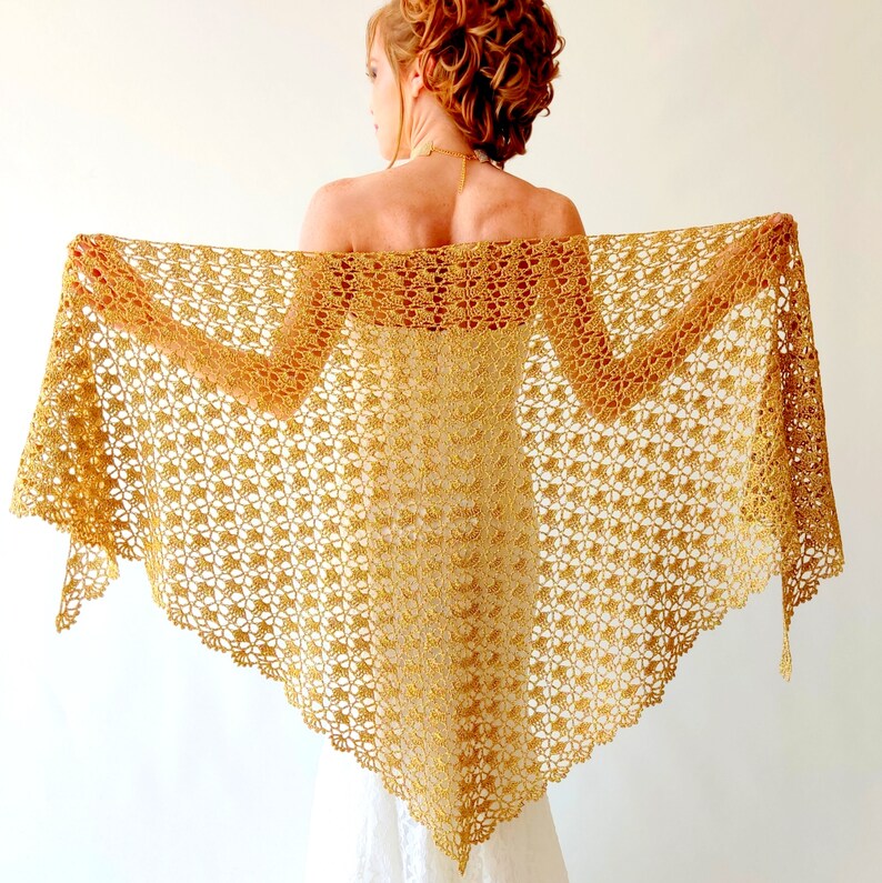 Gold glitter shawl, sparkly evening wrap, shiny cover up, bridal wedding shawl, mother of bride, gift for her, lacy triangular scarf image 1