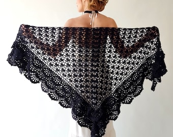 Black cotton shawl, lacy evening scarf, gift for her, boho summer shawl, bridal wedding wrap, mother of the bride, crochet lace cover up