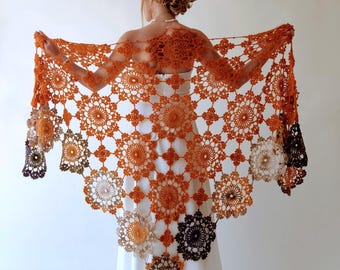 Crochet Mohair Wedding Shawl, Burnt Orange Green Lace Bridal Wrap