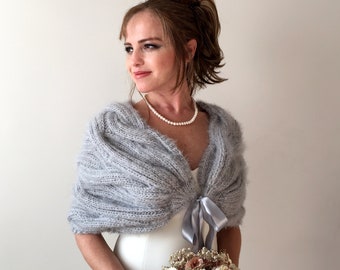 Châle de mariage gris, wrap de soirée argenté, écharpe mohair tricotée, couverture de mariée en laine, mariage automne hiver, cadeau de demoiselle d'honneur, mère de la mariée