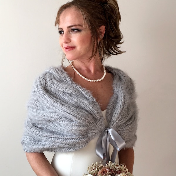 Grey wedding shawl, silver evening wrap, knitted mohair scarf, wool bridal cover up, fall winter wedding,bridesmaid gift,mother of the bride