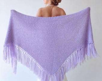 Lilac Triangular Fall Winter Wedding Shawl, Lavender Bridal CoverUp, Fringed Evening Wrap, Ligth  Purple Evening Scarf