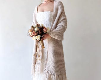 Beige wedding shawl, champagne cover up, bone winter wrap, bridesmaid gift, fringed wool wrap, mohair evening stole, rectangular shawl, warm