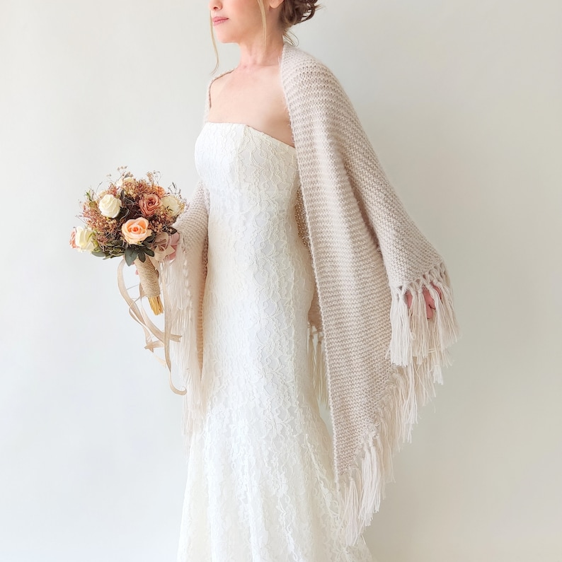 Wedding shawl, bridal cover up, beige winter wrap, bridesmaid gift, fringed wool wrap, mohair evening stole, triangular shawl, warm scarf image 3