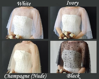 Exquisite Pearl Bridal Cape | Wedding Shawl | Minimalist Tulle Cape Veil