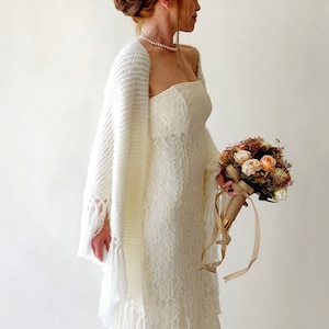 Ivory Wedding shawl, bridal cover up, cream bridesmaid gift, fringed wool wrap, mohair evening stole, triangular shawl, fall winter shawl image 6