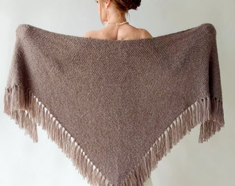 Winter Wedding Shawl, Taupe knit wrap, bridal cover up, wool shawl, fall winter wedding, bridesmaid gift, warm, fringed, mohair, gift, fuzzy