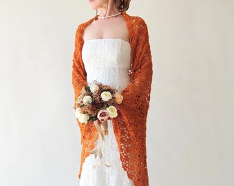 Burnt orange shawl, mohair wedding wrap, bridal cover up, lace evening shawl, mother of bride, rust bridesmaid gift, fall winter wedding