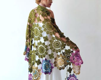 Châle de mariage au crochet, châle de mariée vert olive, cachemire en dentelle